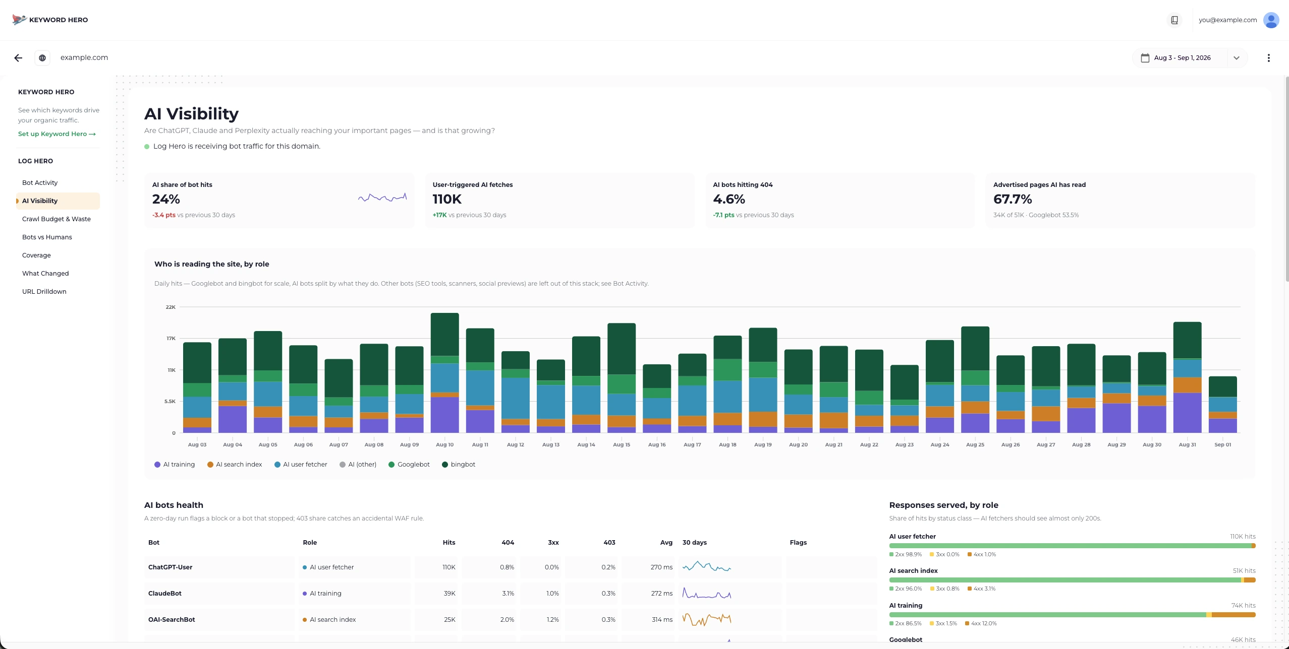 The AI Visibility report, with AI share, user-triggered fetches, 404 rate and sitemap reach.