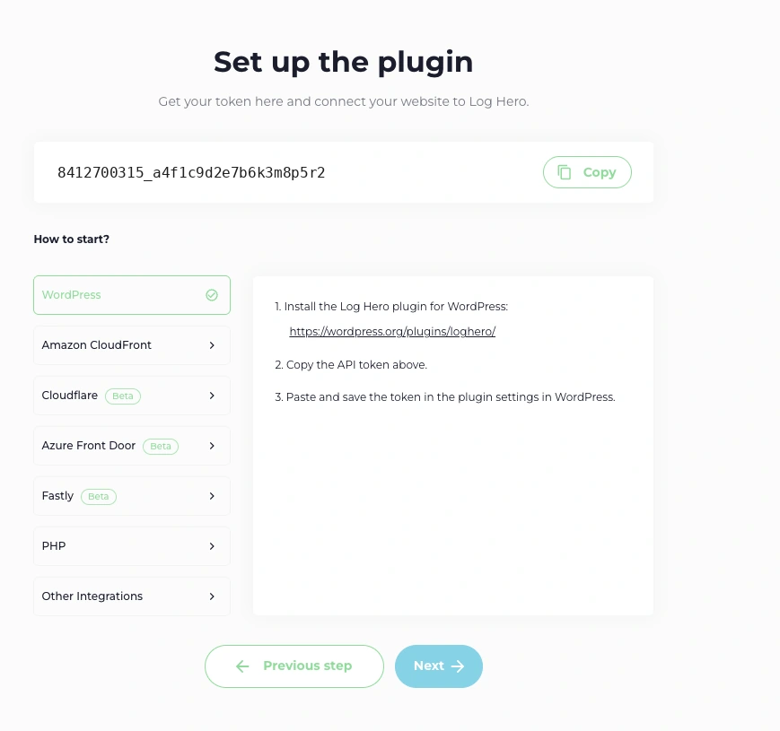 The Set up the plugin screen: the API token with a Copy button, a list of integrations on the left with WordPress selected, and its instructions on the right.